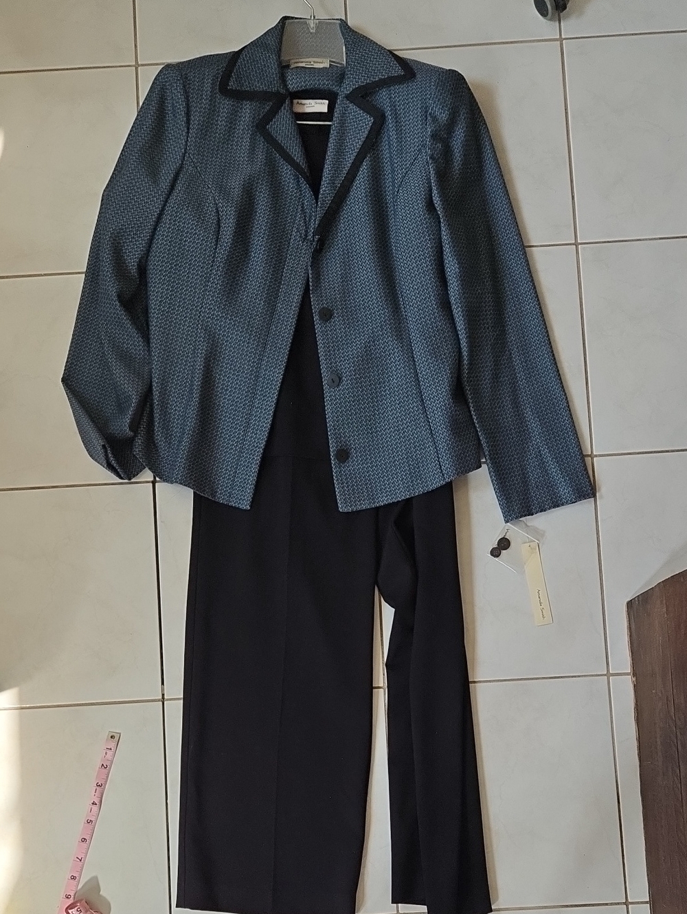 Amanda SMITH Blue Patterned Blazer with Black Tank And Trouser Suit